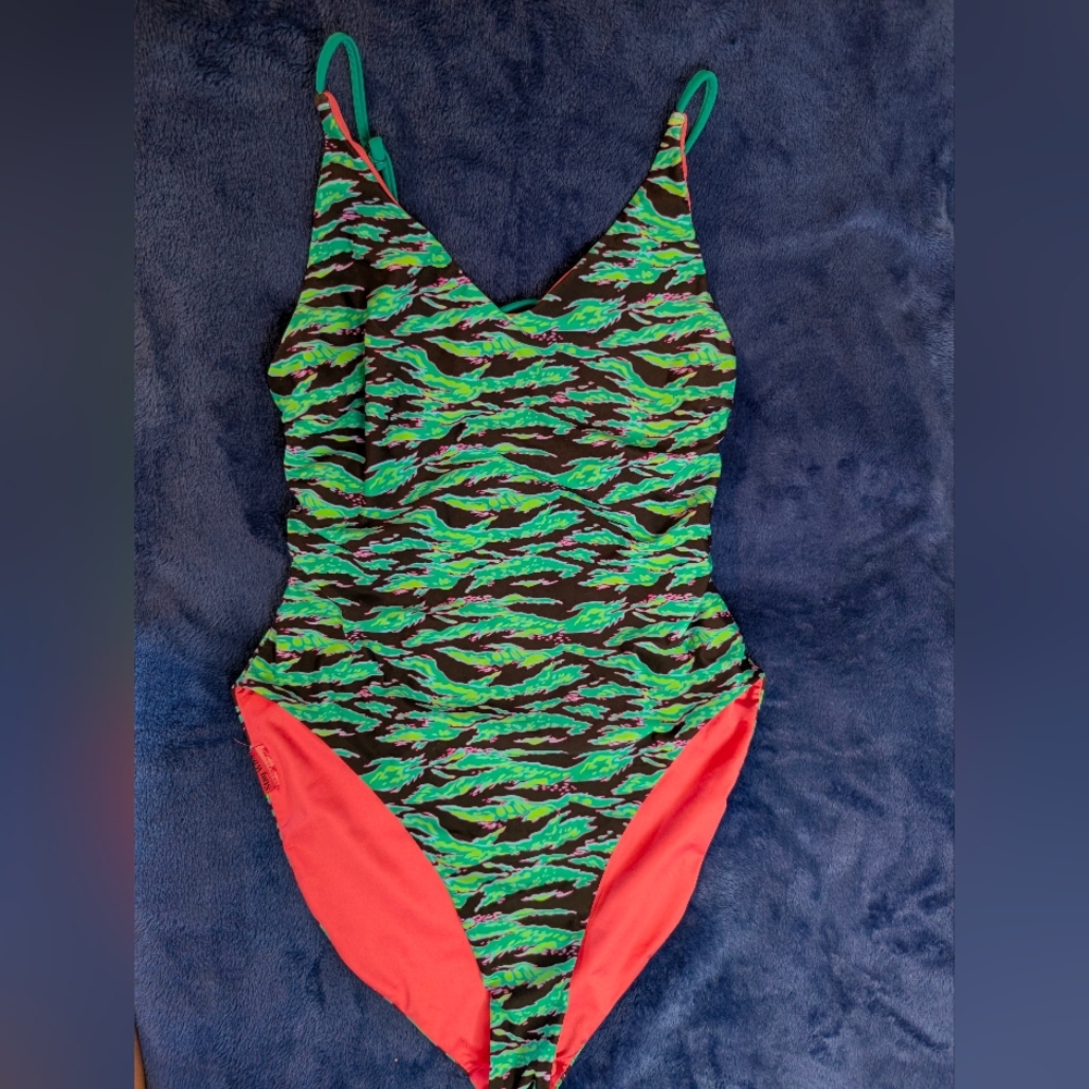Vibrant Blue Green and Coral Party Print Adult One Piece Swimsuit Dixxon